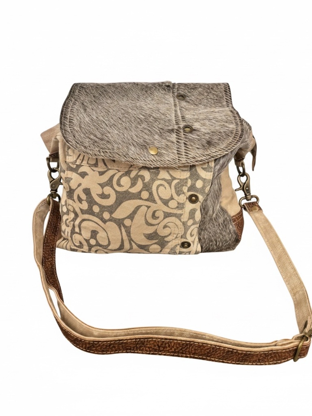 Myra bag | NWOT Canvas & faux Cowhide Crossbody Bag in Gray Pattern mixed media